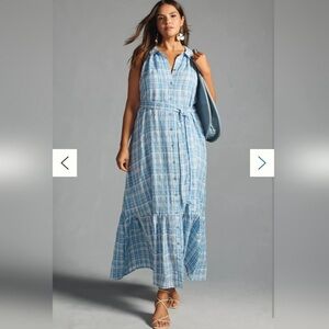 Anthropologie NWT Sleeveless Buttondown Shirt Blue Plaid Tiered Maxi Dress Sz M